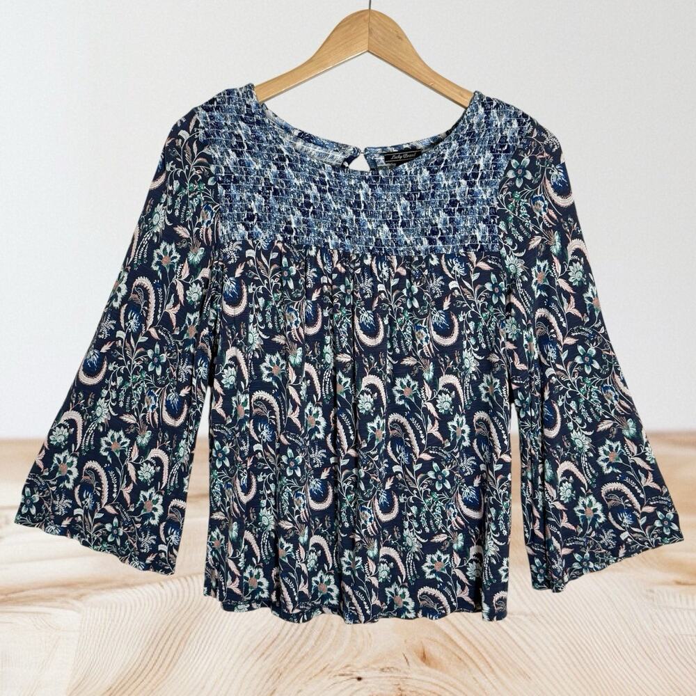 Lucky Brand Blue Pink‎ Print Smocked Top Sz S Boho Wide Sleeves Comfy Boho Look